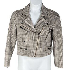 BlankNYC S Windowpane Plaid Moto Jacket Asymmetrical Zip Pockets Faux Suede Chic